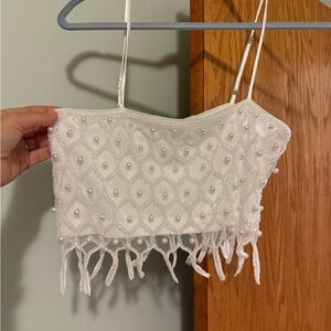 12th Tribe White Beaded Fringe Crop Top- Aria Embellished crop top